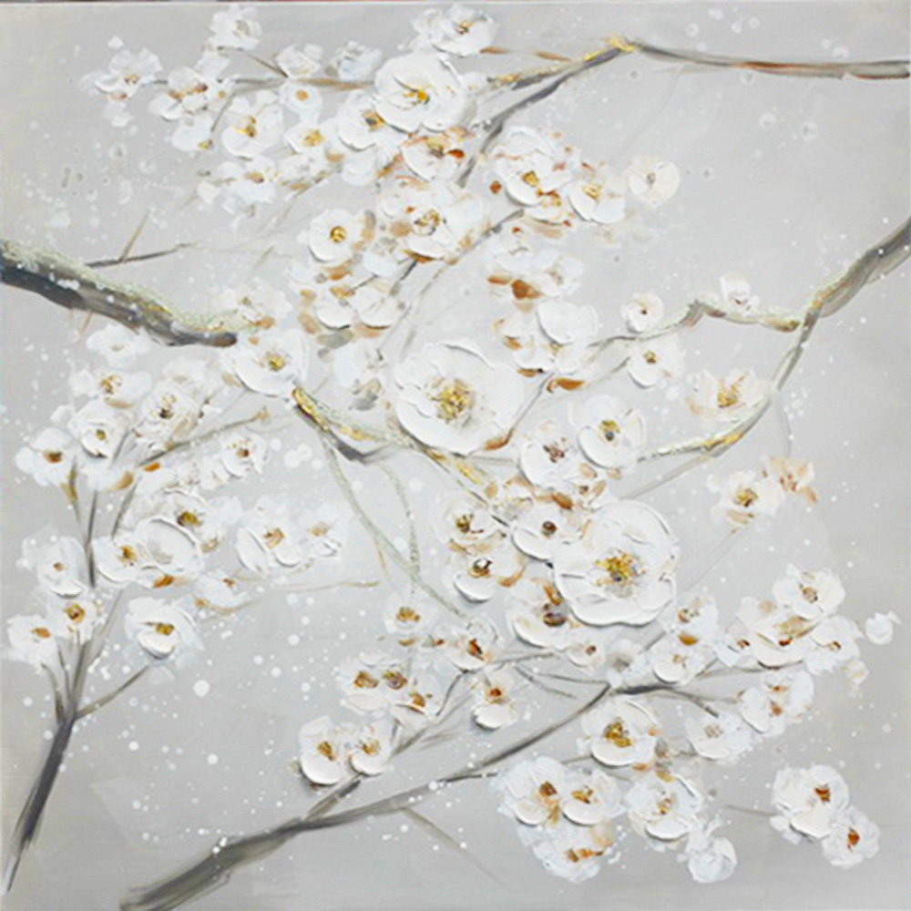 HA119 Wall décor art oil on canvas botanical cherry blossoms white grey tones